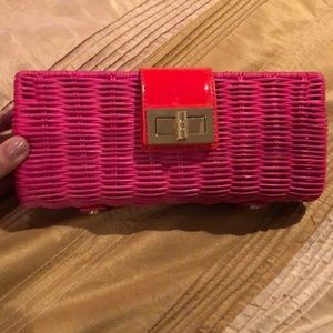 J. Crew bright pink rattan raffia clutch